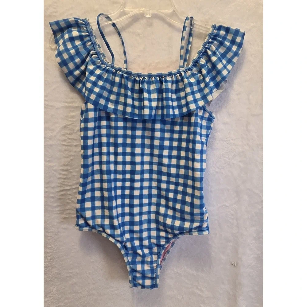 Kensie Girl One-Piece Swimsuit Girls 14/16 Blue/White Gingham Ruffle